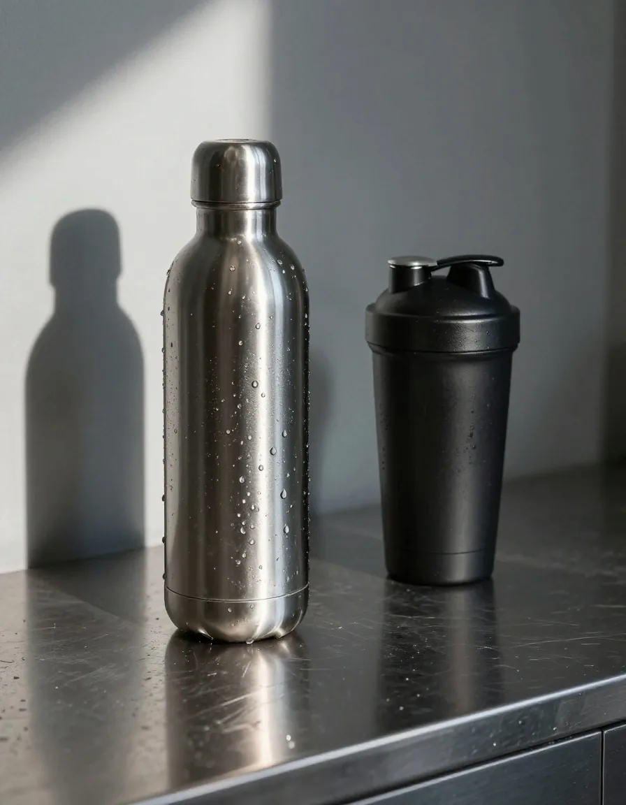 Stalowa butelka z wodą i shaker na ciemnej ławce warsztatowej